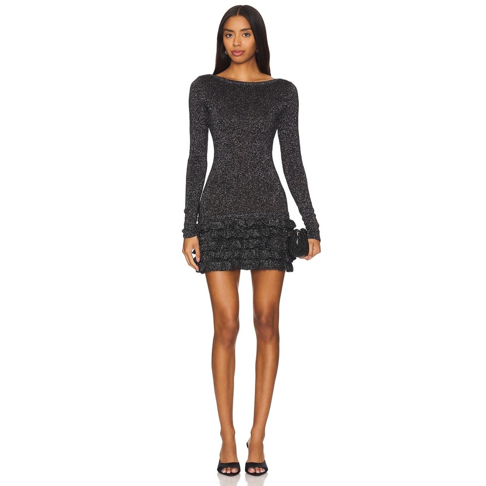 MAJORELLE Vira‎ Lurex Mini Dress Black Gold Silver Metallic Ruffle Small Revolve